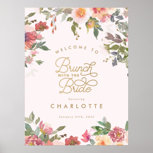 Elegant Roze Bloemen Goud Vrijgezellenfeest Brunch Poster (Voorkant)