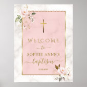 Elegant Roze Bloemen Gouden Doop Welkomstbord Poster (Voorkant)