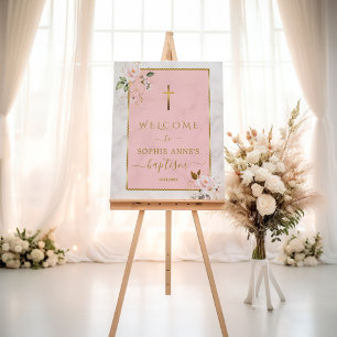 Elegant Roze Bloemen Gouden Doop Welkomstbord Poster