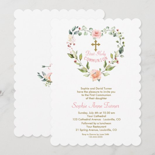 Elegant roze bloemen gouden eerste Heilige Communi Kaart (Voorkant / Achterkant)