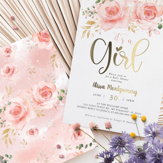 Elegant Roze Bloemen Gouden Folie Meisje Baby show Folie Uitnodiging