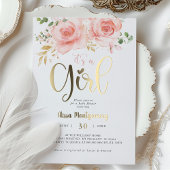 Elegant Roze Bloemen Gouden Folie Meisje Baby show Folie Uitnodiging