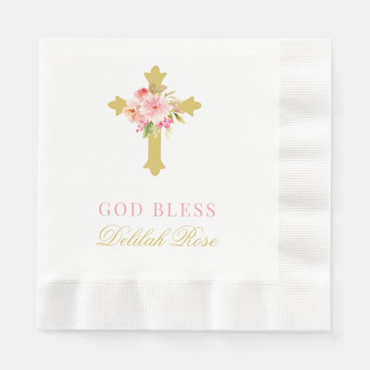 Elegant Roze Bloemen Gouden Kruis Doop voor Meisje Servet (Voorkant)