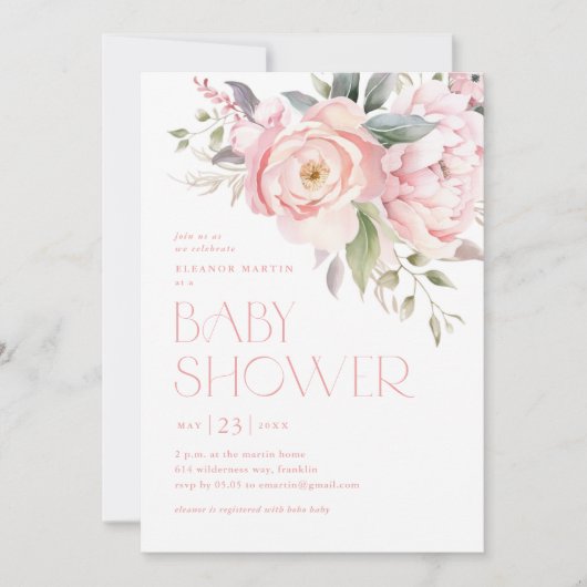 Elegant roze bloemen groen tuin Baby shower Kaart (Voorkant)
