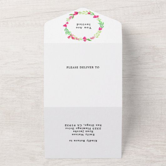 Elegant Roze Bloemen Groen Wit Bruiloft RSVP All In One Uitnodiging (Buitenkant)