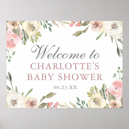 Elegant Roze Bloemen Meisje Baby shower Welkom Poster (Voorkant)