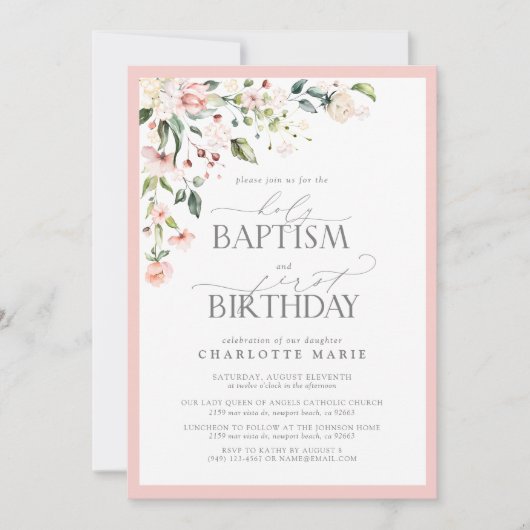 Elegant Roze Bloemen Meisje Doop & 1e Verjaardag Kaart (Voorkant)