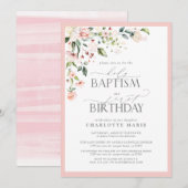 Elegant Roze Bloemen Meisje Doop & 1e Verjaardag Kaart (Voorkant / Achterkant)
