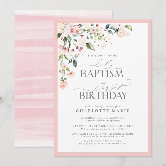 Elegant Roze Bloemen Meisje Doop & 1e Verjaardag Kaart (Voorkant / Achterkant)