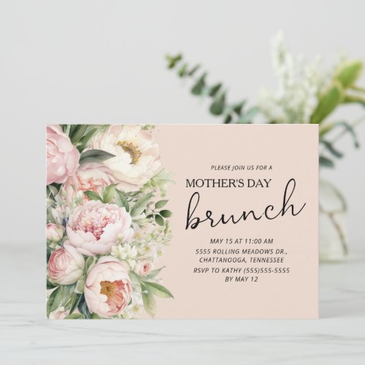Elegant Roze Bloemen Moederdag Brunch Kaart (Staand voorkant)