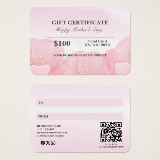 Elegant Roze Bloemen Moederdag Cadeaubon Visitekaartje (Voorkant /achterkant)