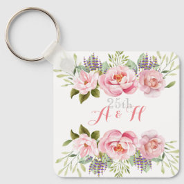 Elegant Roze Bloemen Monogram 25e Huwelijkscadeau Sleutelhanger