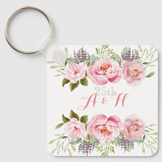 Elegant Roze Bloemen Monogram 25e Huwelijkscadeau Sleutelhanger (Voorkant)