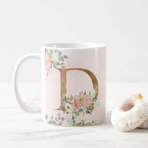 Elegant Roze Bloemen Monogram D Koffie Mok