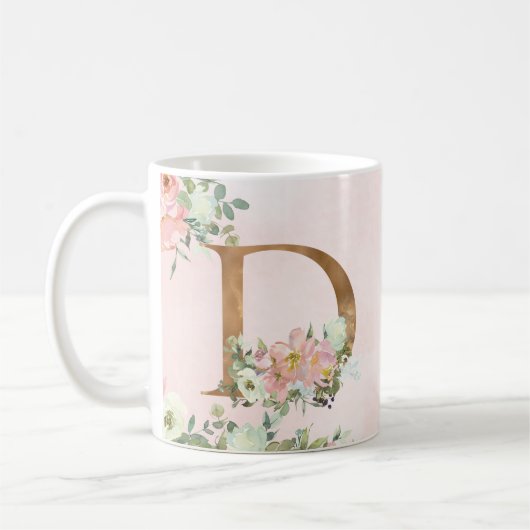 Elegant Roze Bloemen Monogram D Koffie Mok (Links)