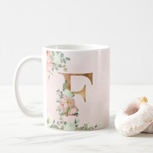 Elegant Roze Bloemen Monogram F Koffie Mok (Met donut)