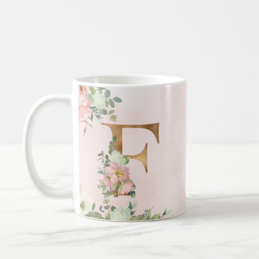 Elegant Roze Bloemen Monogram F Koffie Mok (Links)