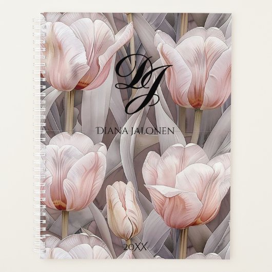 Elegant Roze Bloemen Monogram Gepersonaliseerde Na Planner (Voorkant)