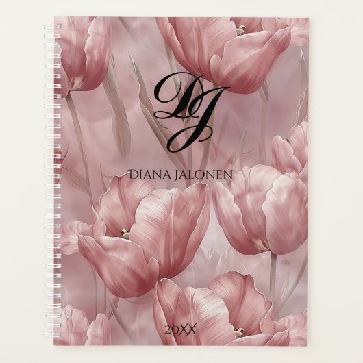 Elegant Roze Bloemen Monogram Gepersonaliseerde Na Planner (Voorkant)