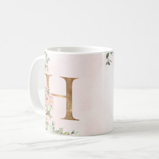 Elegant Roze Bloemen Monogram H Koffie Mok (Voorkant links)