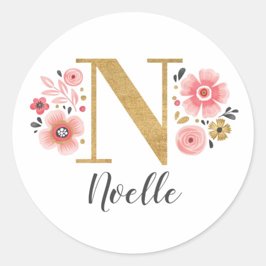 Elegant Roze Bloemen Monogram Initiaal Gouden Lett Ronde Sticker (Voorkant)