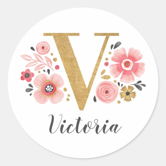 Elegant Roze Bloemen Monogram Initiaal Gouden Lett Ronde Sticker (Voorkant)