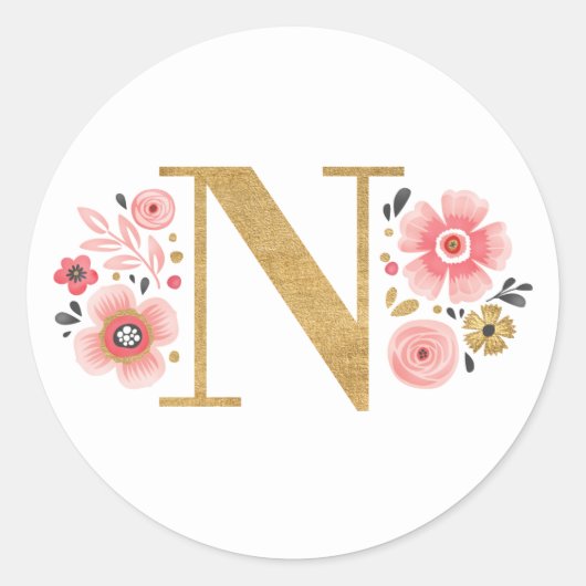 Elegant Roze Bloemen Monogram Initiaal Gouden Lett Ronde Sticker (Voorkant)