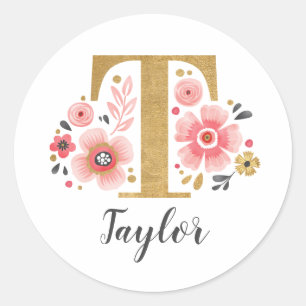Elegant Roze Bloemen Monogram Initiaal Gouden Lett Ronde Sticker