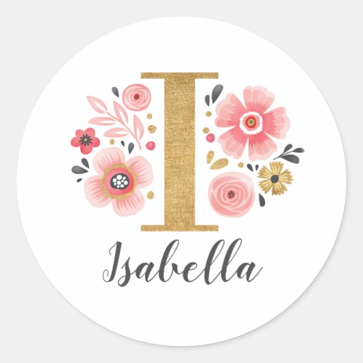 Elegant Roze Bloemen Monogram Initiaal Letter I Ronde Sticker (Voorkant)