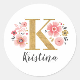 Elegant Roze Bloemen Monogram Initiaal Letter K Ronde Sticker