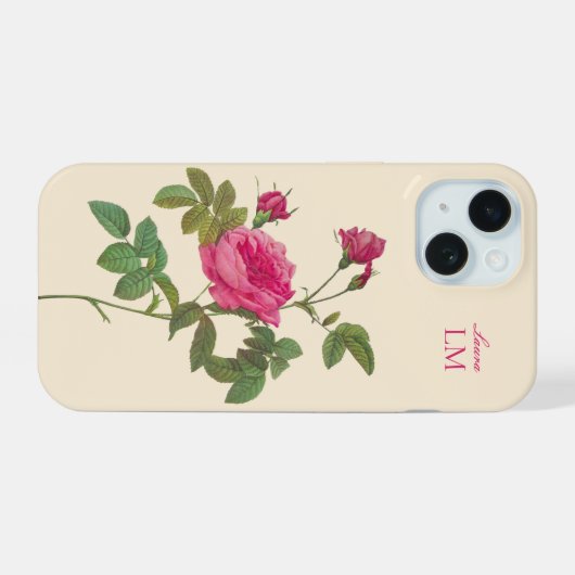 Elegant Roze Bloemen Monogram iPhone 15 Case (Achterkant horizontaal)