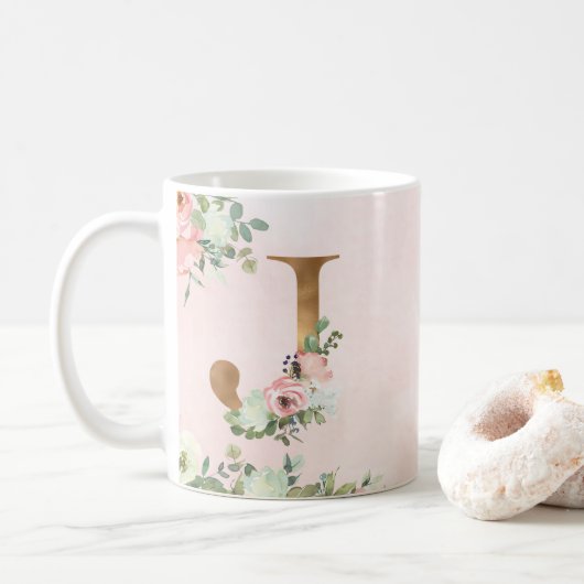 Elegant Roze Bloemen Monogram J Koffie Mok (Met donut)