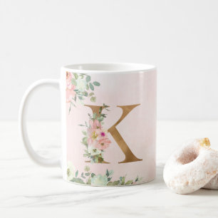 Elegant Roze Bloemen Monogram K Koffie Mok