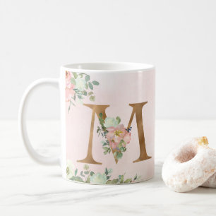 Elegant Roze Bloemen Monogram M Koffie Mok