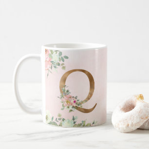 Elegant Roze Bloemen Monogram Q Koffie Mok