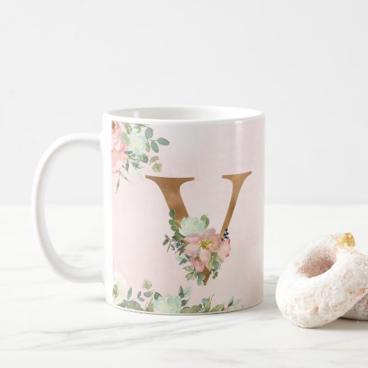 Elegant Roze Bloemen Monogram V Koffie Mok (Met donut)