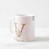 Elegant Roze Bloemen Monogram V Koffie Mok (Voorkant links)