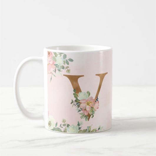 Elegant Roze Bloemen Monogram V Koffie Mok (Links)