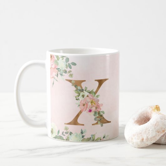 Elegant Roze Bloemen Monogram X Koffie Mok (Met donut)