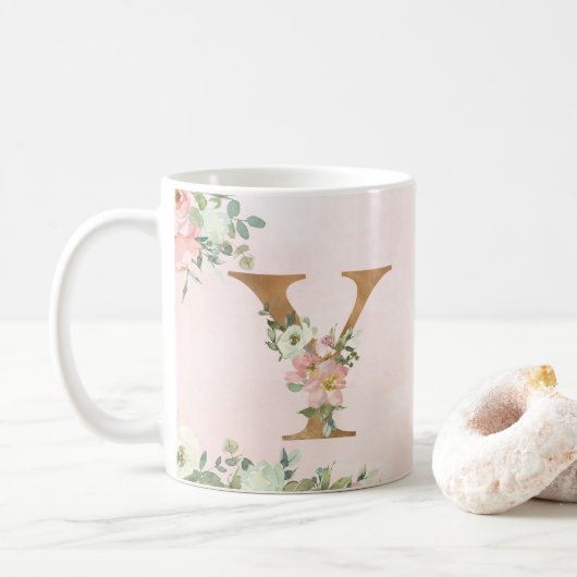 Elegant Roze Bloemen Monogram Y Koffie Mok (Met donut)