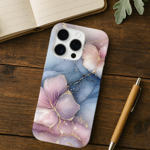 Elegant Roze Bloemen Ontwerp met Blauw Marmer Effe iPhone 16 Pro Hoesje