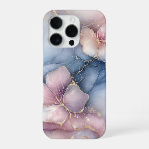 Elegant Roze Bloemen Ontwerp met Blauw Marmer Effe iPhone 16 Pro Hoesje