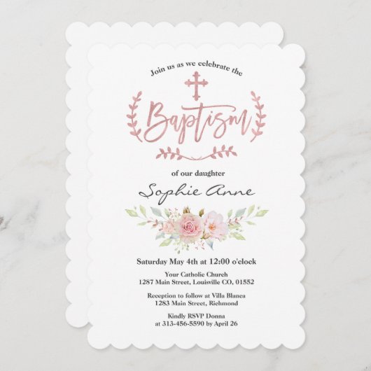 Elegant roze bloemen Roos Gold Cross-Baptisme Kaart (Voorkant / Achterkant)