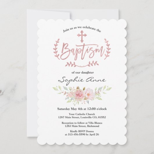 Elegant roze bloemen Roos Gold Cross-Baptisme Kaart (Voorkant)