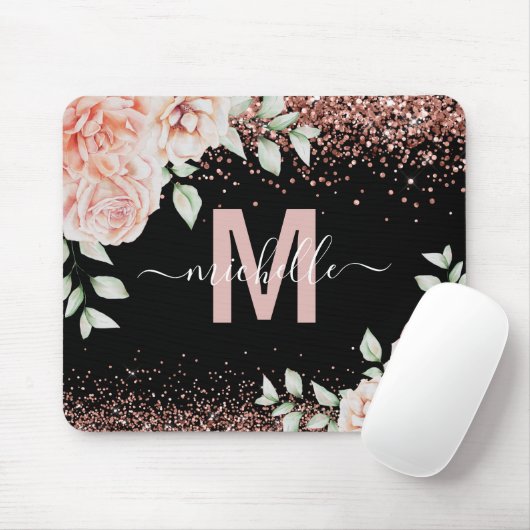 Elegant Roze Bloemen Roos Goud Glitter Monogram Muismat (Met muis)