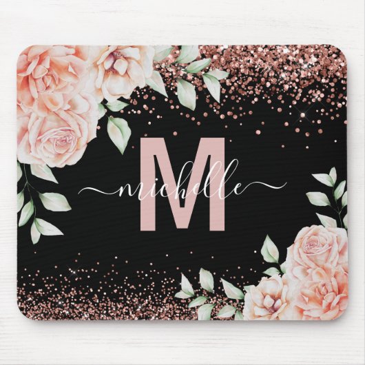 Elegant Roze Bloemen Roos Goud Glitter Monogram Muismat (Voorkant)