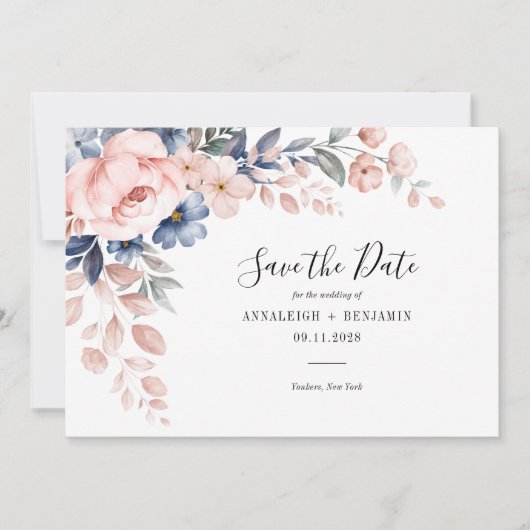Elegant Roze Bloemen Script Botanische bruiloft Save The Date (Voorkant)