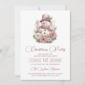 Elegant roze bloemen sneeuwman kerstfeest kaart (Voorkant)