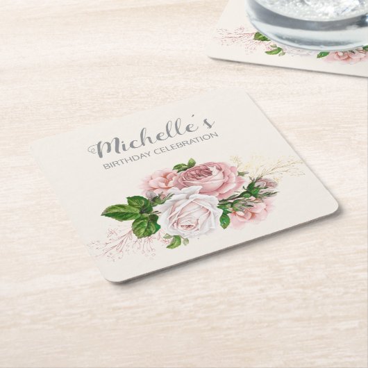 Elegant Roze Bloemen Verjaardagsfeest Kartonnen Onderzetters (Schuin)