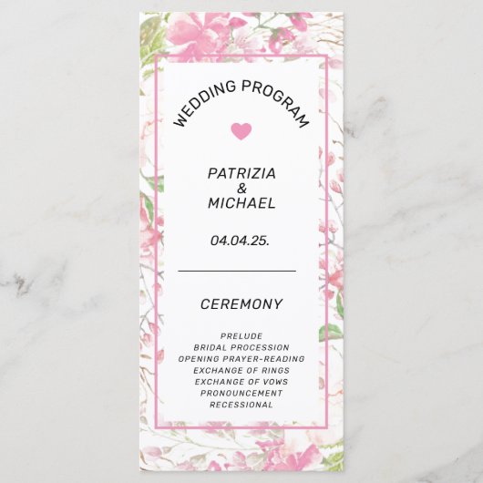 Elegant Roze Bloemen Vlak Huwelijksprogramma Programmakaart (Voorkant)
